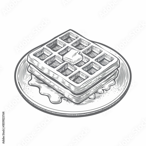 Vintage etching style vector illustration of American waffle with syrup on plate, detailed engraved line art, classic food icon isolated on white background for menu, branding, and packaging design.
