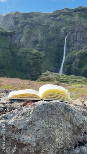 Open Book on Boulder with Distant Waterfall in Mulagljufur Canyon Iceland