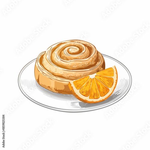 Engraving style illustration of a swirl Danish pastry with a fresh orange slice on a plate, featuring detailed etched texture, perfect for bakery, dessert, and food-themed designs.