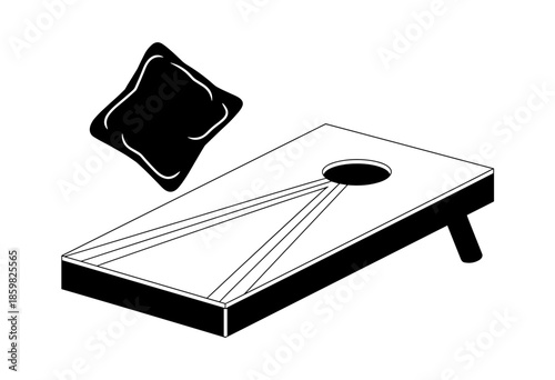 Exciting Game of Cornhole with Beanbag Flying Towards Target Board in Minimalist Black and White Design