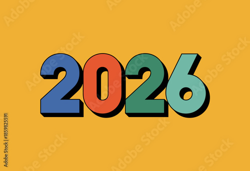 Vibrant 2026 Typography Illustration with Bold Colors Against a Bright Yellow Background for Celebratory Themes