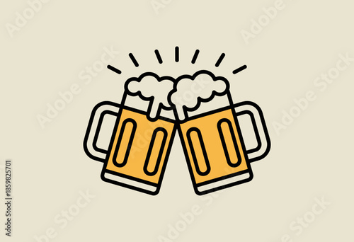 Cheers! Toasting Beer Mugs with Foam Bubbles on a Light Cream Background Celebrating Friendship