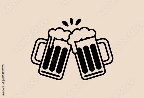 Cheers! Minimalist Illustration of Two Beer Mugs Clinking with Foam on a Soft Beige Background