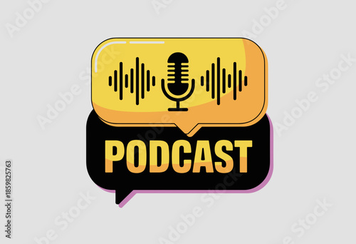 Dynamic Podcast Logo with Microphone and Sound Waves in Bright Yellow and Black