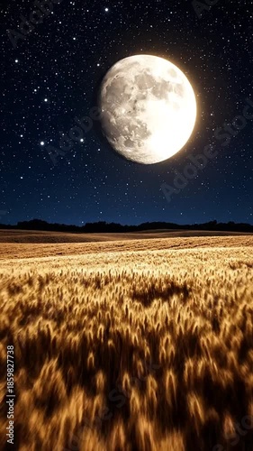 Nighttime landscape with wheat field large full moon and starry sky nature beauty and peace concept