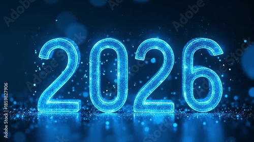 Glowing blue 2026 numbers shimmering with sparkling particles in a dark background, showcasing vibrant digital design and festive celebration atmosphere