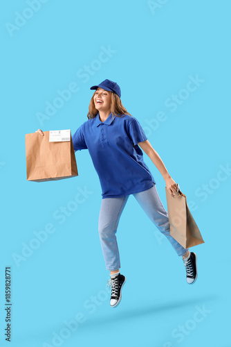 Jumping female courier with...