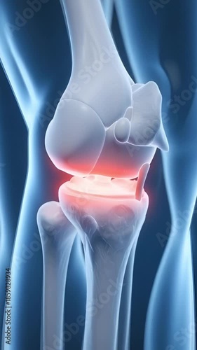 3D medical render of knee joint bending with pain glow