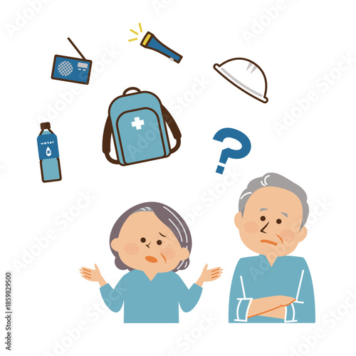 防災　防災用品を考えるシニアのイラスト