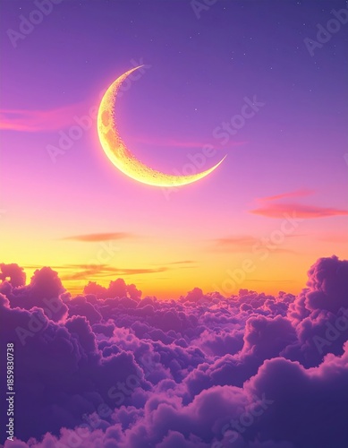 Vibrant Crescent Moon Glows Over Fluffy Pink and Purple Clouds During a Dreamy Sunset Sky