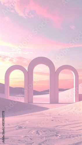 Dreamy Pink Archway Portal in a Soft Pastel Landscape at Sunset with Wispy Clouds and Gentle Hills