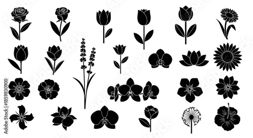 A diverse collection of black silhouette icons featuring various types of flowers and botanical elements on a white background.