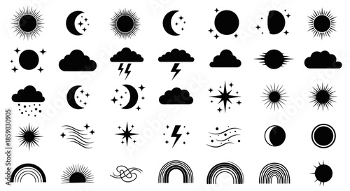 A comprehensive collection of black silhouette icons depicting various weather phenomena, celestial bodies, and natural elements like suns, moons, clouds, stars, lightning, and rainbows.