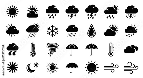 A comprehensive collection of black silhouette weather icons depicting various atmospheric conditions and meteorological phenomena.