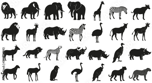 Collection of black silhouettes depicting various African safari animals in different poses.