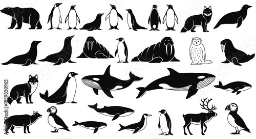 Collection of black and white silhouettes and outlines of various Arctic and Antarctic animals, including polar bears, penguins, seals, whales, and arctic foxes.