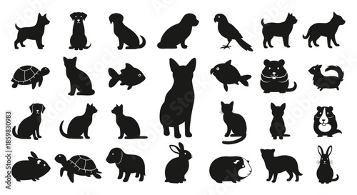 A collection of black silhouettes of various domestic animals and pets including dogs, cats, rabbits, turtles, fish, hamsters, and birds on a white background.