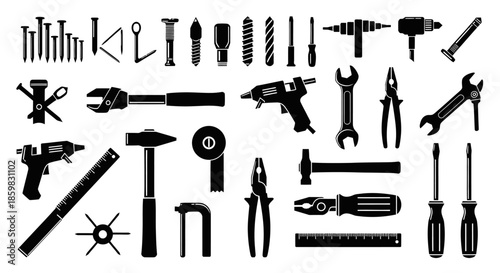 Collection of Various Tools and Equipment Silhouettes.