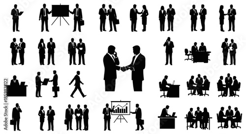 Collection of Business People Silhouettes in Various Professional Settings.