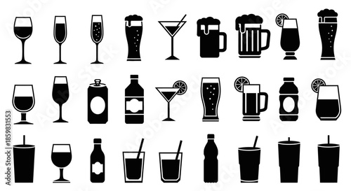 Collection of various beverage icons in black and white.