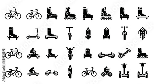 Collection of Various Transportation and Recreational Vehicle Icons.