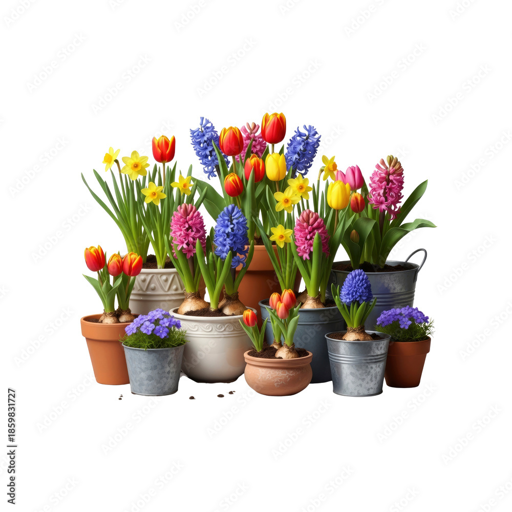 Obraz premium Spring flowers in pots on Transparent Background