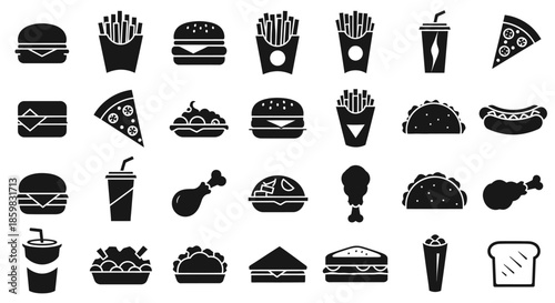 Collection of black and white food icons including burgers, fries, and drinks.