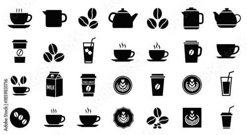 Collection of black coffee icons on white background.