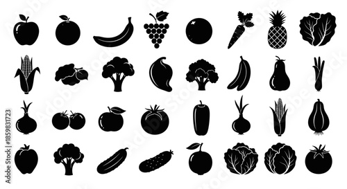 Collection of assorted fruits and vegetables silhouettes.