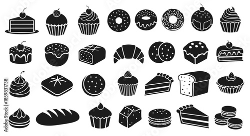 Collection of black and white dessert icons including cupcakes and pastries.