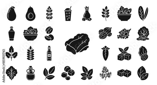 Collection of black and white food icons including fruits and desserts.