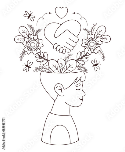 Mental Health. Outline Boy Head with Heart Caring Hands, Flowers, and Butterflies. Concept Harmony and Kindness. Coloring Page for Kids. Human Mind and Wellness. Vector Illustration. Not AI