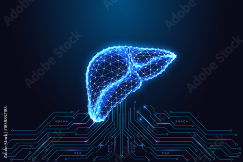 Digital Liver Anatomy Over Circuit Board. Futuristic Healthtech and Medical Technology Vector