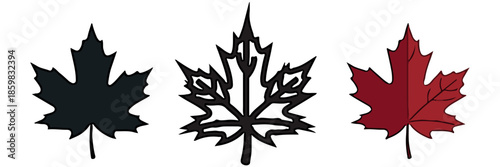 The classic maple leaf, a national symbol of Canada. Vector set includes a detailed line art version, a black silhouette, and a shaded red color version.