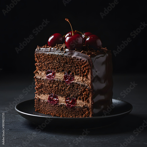 Black Forest gateau styled with deep chocolate layers and glossy cherries