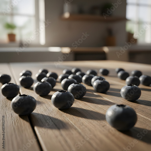 Fresh organic blueberries scattered on a rustic wooden table