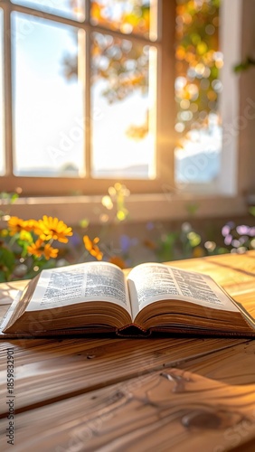 Open Holy Bible Book on Wooden Table With Golden Sunlight Shining Through Window and Autumn Flowers Outdoors