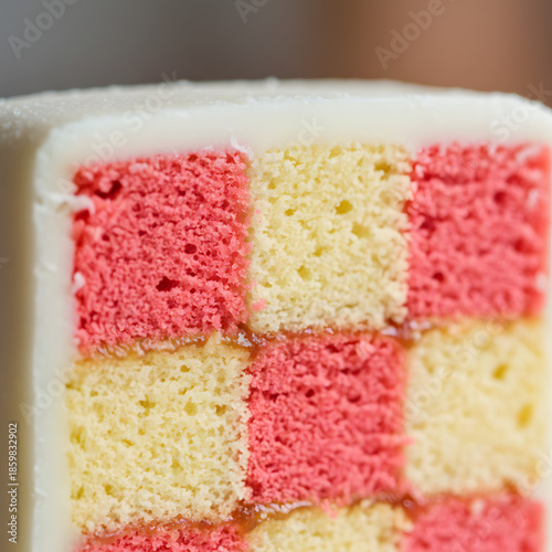 Extreme close-up of Battenberg cake showing the detailed pink and yellow sponge squares