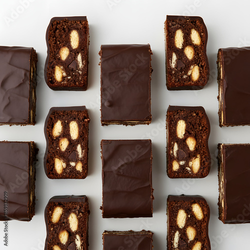 Top view flat lay of chocolate tiffin cake slices arranged neatly