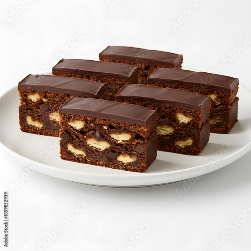 Chocolate tiffin cake served on a clean white plate