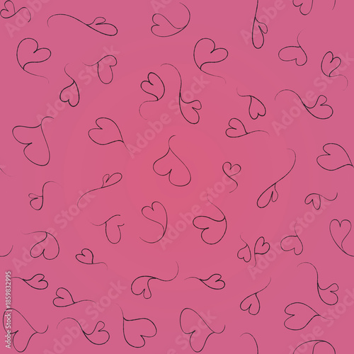 A seamless pattern with minimalist hearts, drawn with a thin black line on a pink background. This hand-drawn line drawing with a soft, slightly naive feel creates a romantic and frien