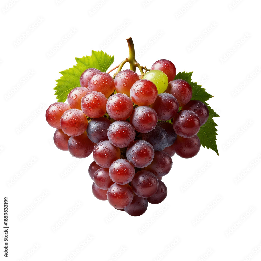 Fototapeta premium Red grapes with leaves and water drops isolated