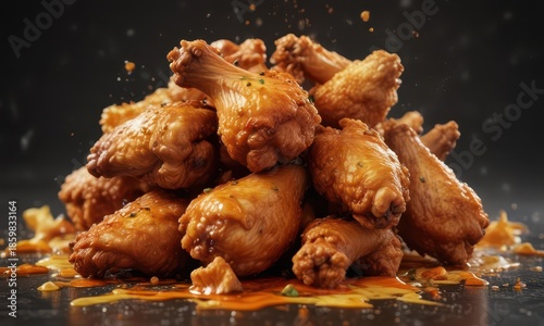 Fried chicken wings and boneless pieces with saucy splashes, crispy snack,  saucy snacks,  appetizer,  finger licking good