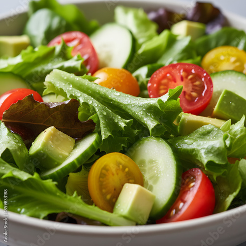 fresh vegetable salad in a bowl with visible water droplets on lettuce leaves