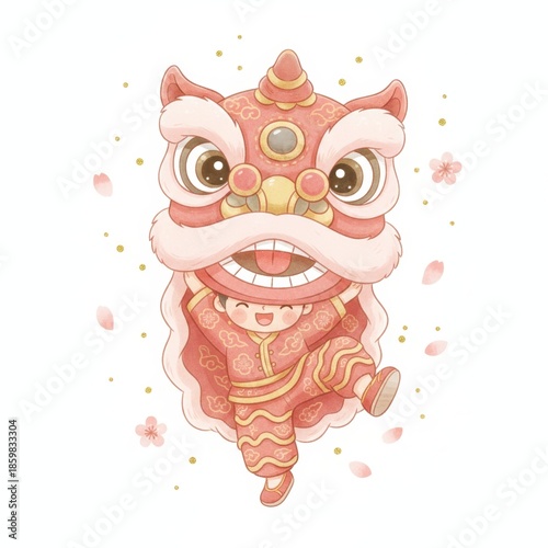 Lion Dance Delight: A charming illustration capturing the joy of a little one performing a traditional lion dance, showcasing vibrant colors and cultural celebration.