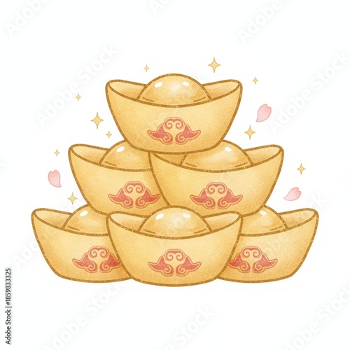 Golden Ingots: Stacked golden ingots are displayed, symbols of prosperity, wealth, and good fortune, perfect for conveying themes of finance and success.