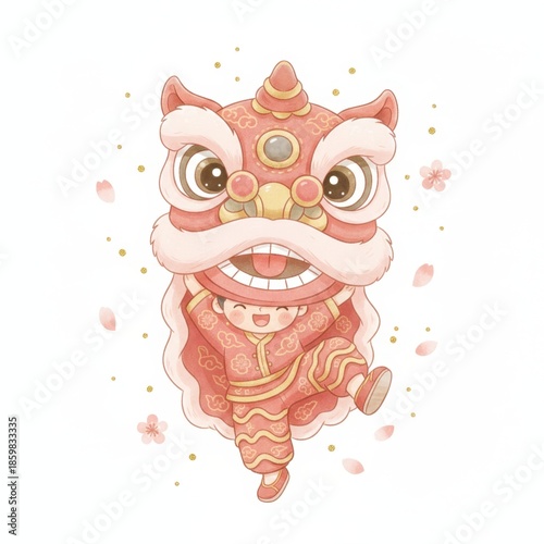 Festive Lion Dance Celebration: A cheerful figure, adorned in vibrant traditional attire, brings the cultural spirit of the lion dance to life, dancing, with joyous expressions. 