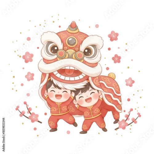 Joyful Lion Dance Performance: Cute children in vibrant costumes bring the festive spirit of the Lion Dance to life, a celebration of happiness and prosperity.  