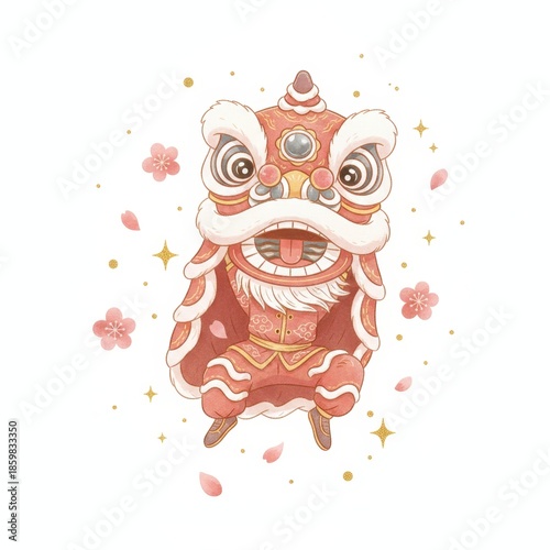 Lion Dance Festivity: This artistic image showcases the vibrant lion dance, a symbol of joy and good fortune, is set against a festive backdrop adorned with blooming flowers and shining stars.