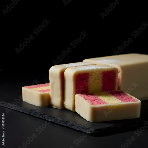 Battenberg cake slices with smooth marzipan coating, dramatic lighting
